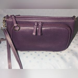 Levenger purple leather shoulder bag organizer.